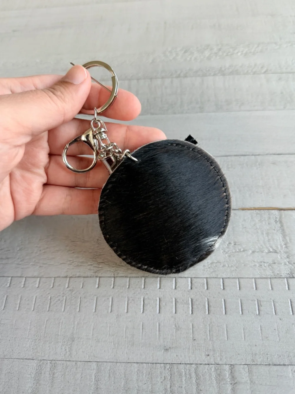 Western Round Grey Cowhide Keychain with Black Tassel